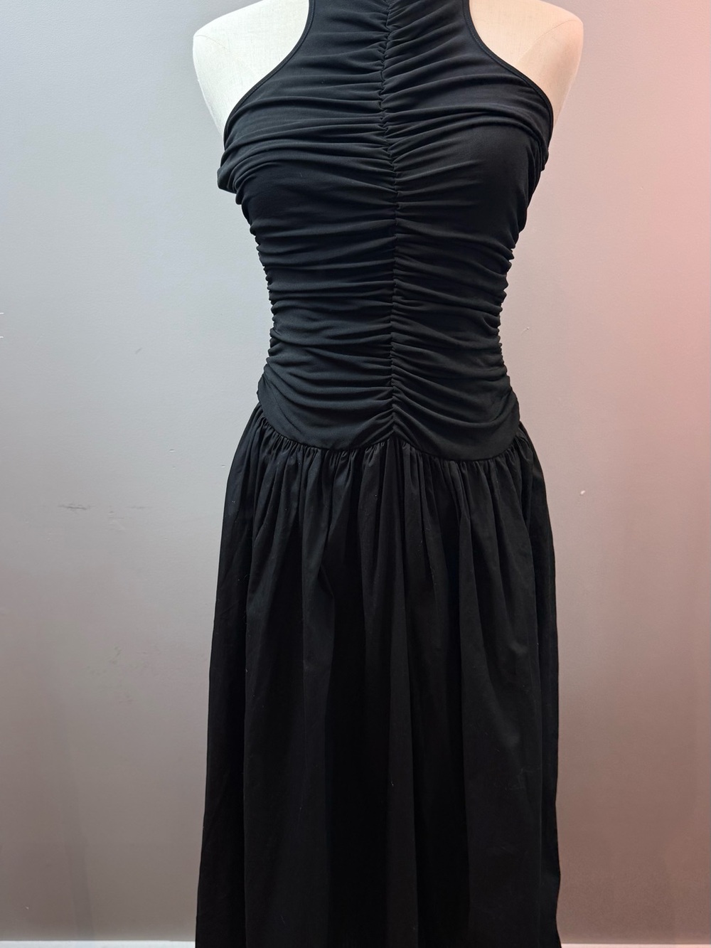 Anthropologie Black Ruched Midi Dress (Size Small)
